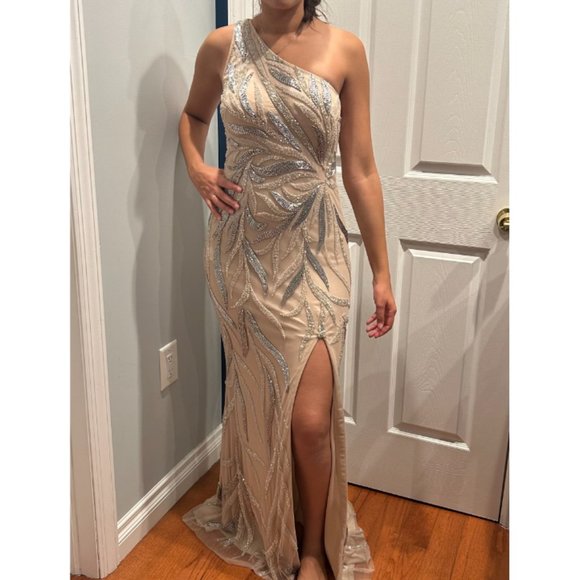 Aidan Mattox One Shoulder Beaded Slit Gown in Nude - Picture 3 of 6